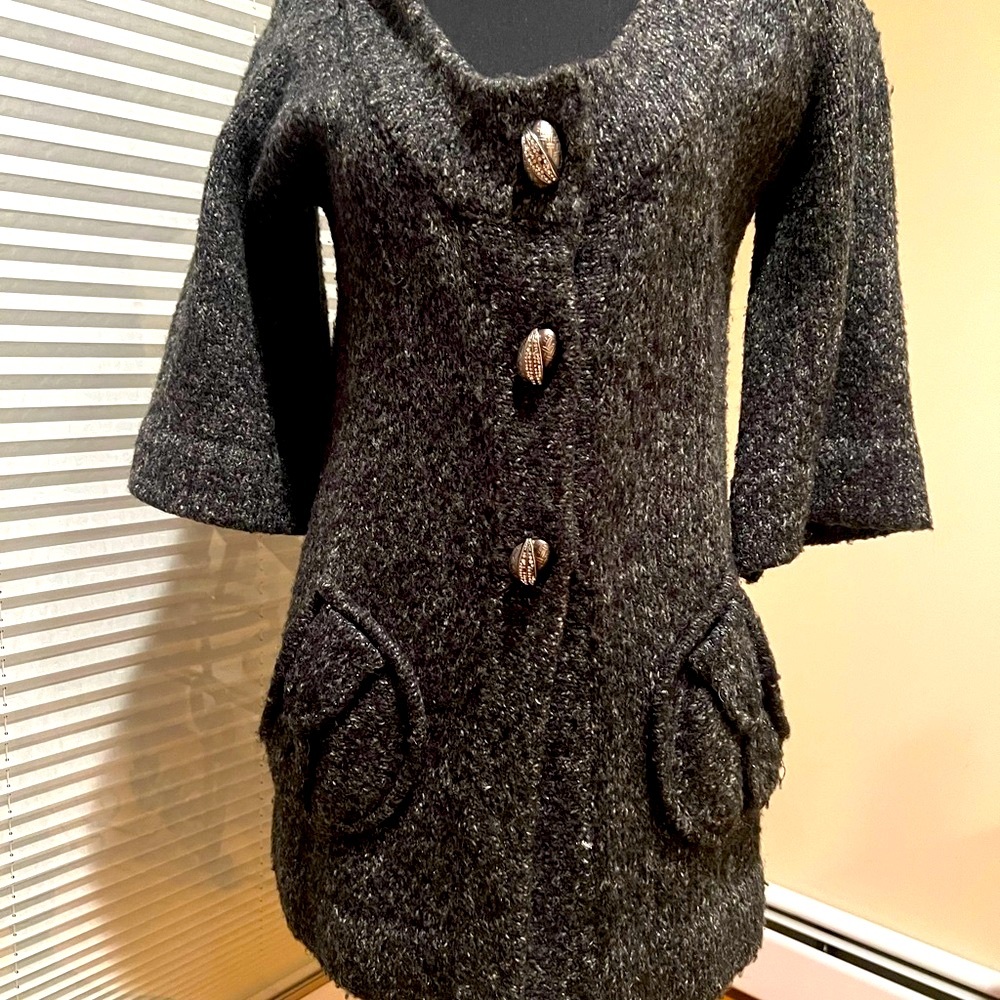 BCBG Gray Knit Cardigan with a hood.  elegant  stylish good preowned condition
